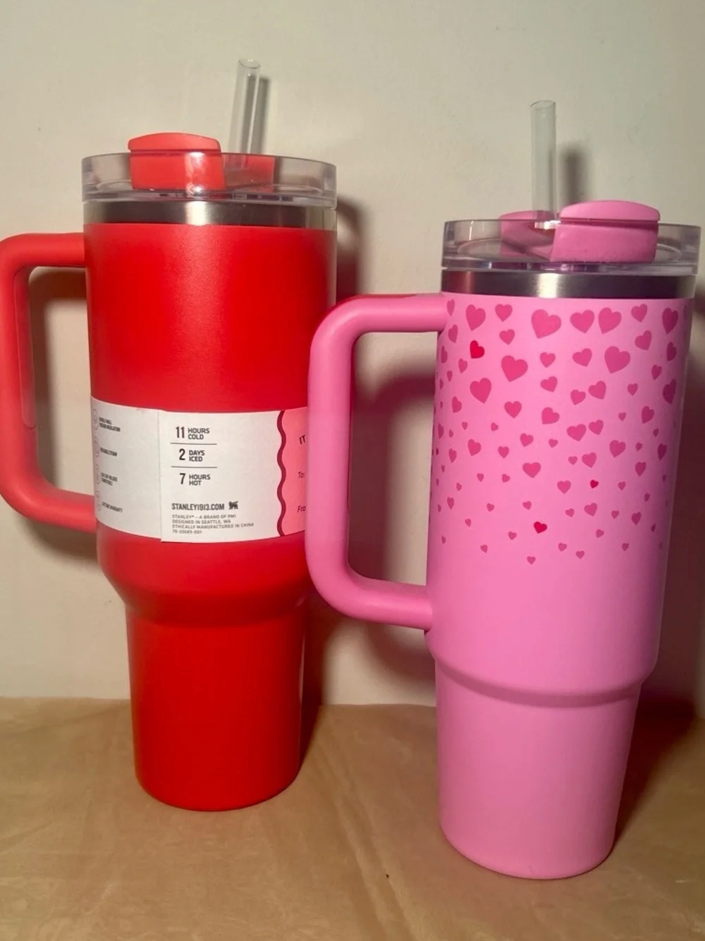 Stanley 40oz red and 30oz pink heart stainless steel tumblrs